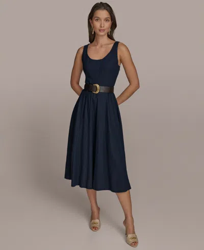 Donna Karan New York Belted Linen Blend Dress In Blue
