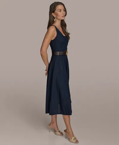 Donna Karan New York Belted Linen Blend Dress In Blue
