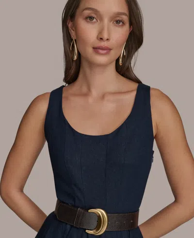 Donna Karan New York Belted Linen Blend Dress In Blue