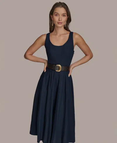 Donna Karan New York Belted Linen Blend Dress In Blue