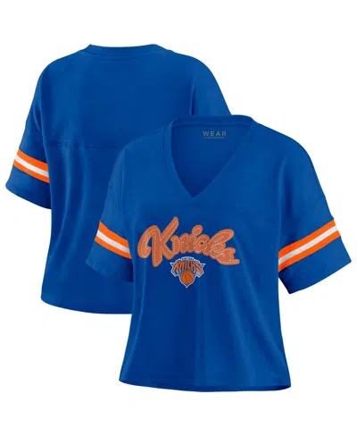 Wear By Erin Andrews Women's Blue New York Knicks Color Block Boxy V-neck T-shirt