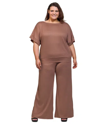 24seven Comfort Apparel Plus Size Boat Neck Top And Wide Leg Pants Set