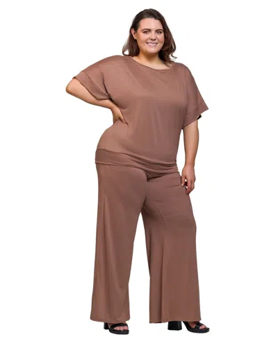 24seven Comfort Apparel Plus Size Boat Neck Top And Wide Leg Pants Set