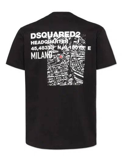 Dsquared2 Black Crewneck T-shirt With Front Logo And Graphic Print On The Back In Cotton Man In Black