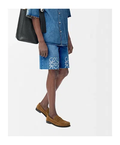 Loewe Anagram Frayed Denim Shorts In Blue