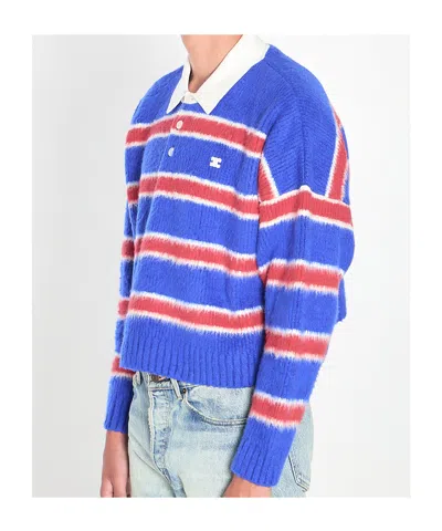Celine Men Striped Sweater With Polo Style Collar In Blue