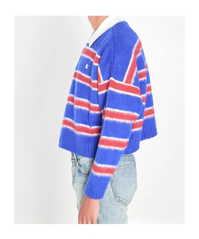 Celine Men Striped Sweater With Polo Style Collar In Blue