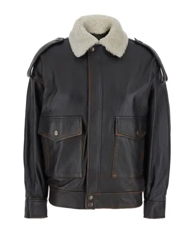 Semicouture Lapel Leather Jacket In Black