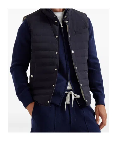 Brunello Cucinelli Quilted High Neck Sleeveless Jacket In Blue