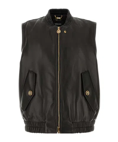 Versace Leather Jacket With Elasticated Hem And Front Pockets