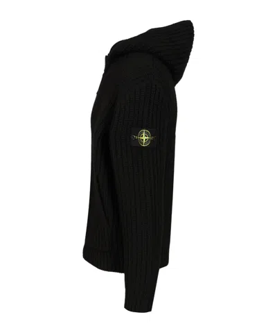 Stone Island Hooded Sweater With Zip In Wool And Cashmere In Black