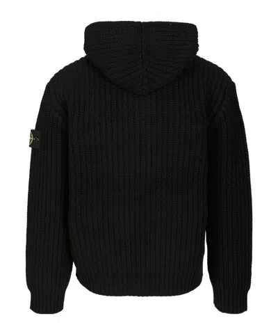Stone Island Hooded Sweater With Zip In Wool And Cashmere In Black