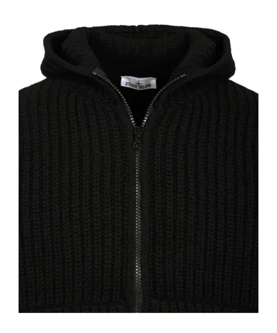 Stone Island Hooded Sweater With Zip In Wool And Cashmere In Black