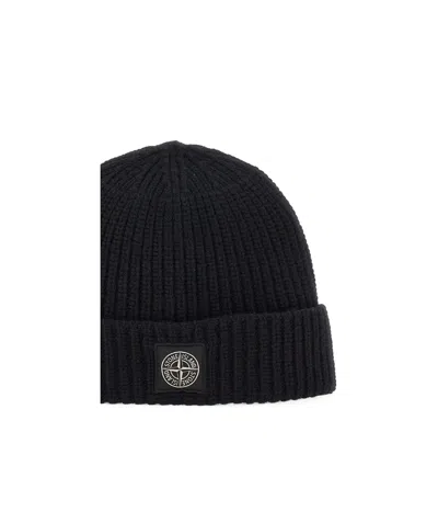 Stone Island Ribbed Knit Beanie With Compass Logo Patch In Black