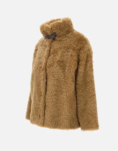 Herno Faux Fur Coat With Leather Belt In Brown