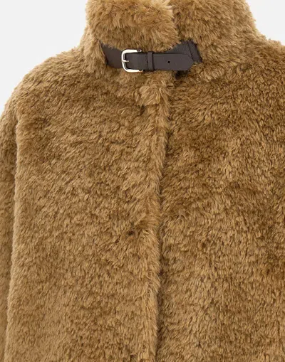 Herno Faux Fur Coat With Leather Belt In Brown