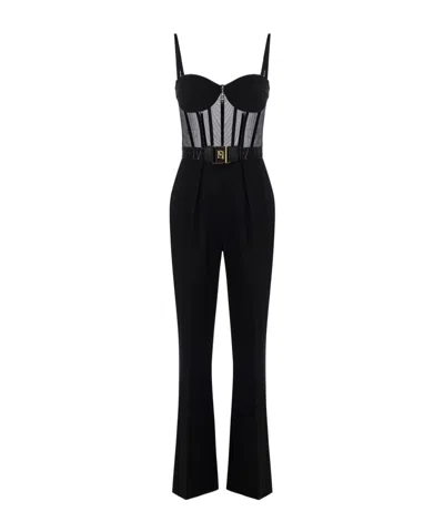 Elisabetta Franchi Lettering Jacquard Crepe Jumpsuit In Black