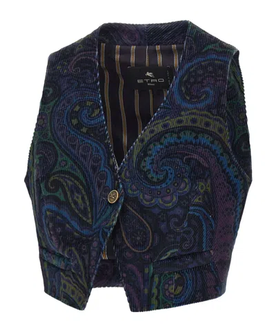 Etro Jacquard Paisley Corduroy Velvet Waistcoat In Blue