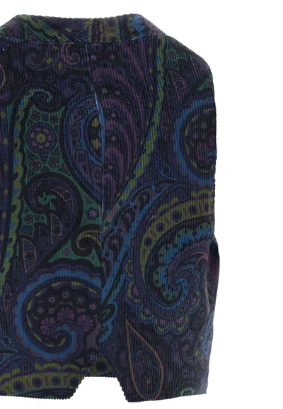 Etro Jacquard Paisley Corduroy Velvet Waistcoat In Blue