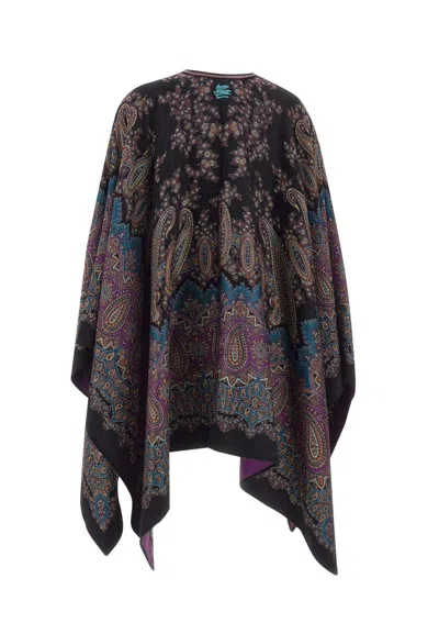 Etro Midnight Dream Lurex Cape With Leather Trim In Multi