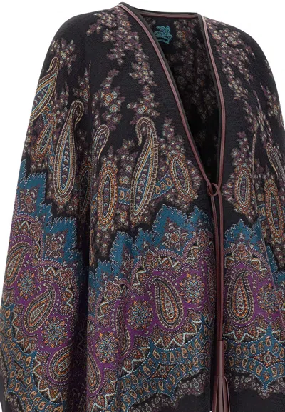 Etro Midnight Dream Lurex Cape With Leather Trim In Multi