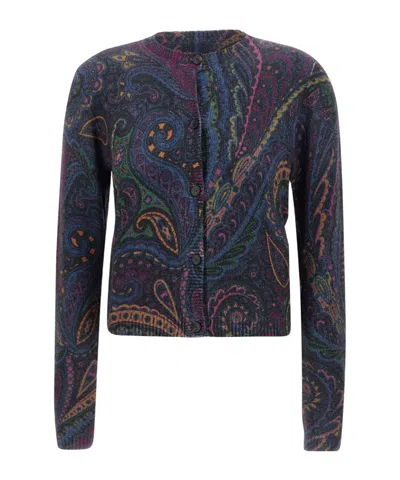 Etro Paisley-print Buttoned Cardigan In Blue