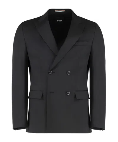 Hugo Boss Boss Double-breasted Wool Blend Jacket In Black
