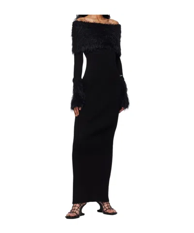 Jean Paul Gaultier Womens Off-shoulder Faux Fur-trim Ribbed-knit Maxi Dress Black Xs In Black