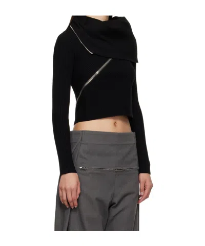 Jean Paul Gaultier Spiral Zipped Cowl-neck Rib Crop Sweater In Black