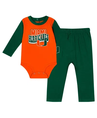 Outerstuff Baby Boys And Girls 2-piece Hunter Green Miami Hurricanes Double Up Long Sleeve Bodysuit And Pants S In Green