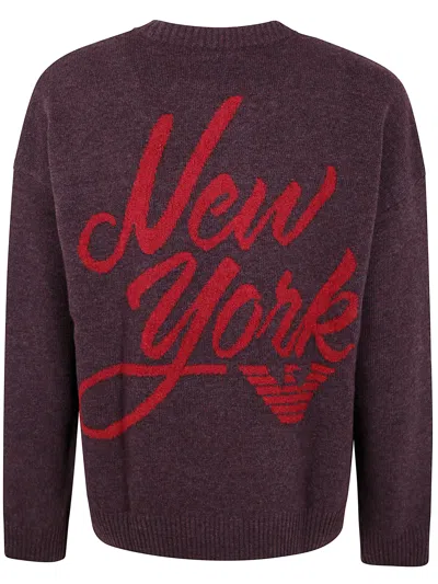Emporio Armani Asv New York Capsule Collection Virgin-wool Jumper With Jacquard Writing In Burgundy
