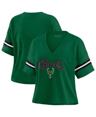 Wear By Erin Andrews Women's Hunter Green Milwaukee Bucks Color Block Boxy V-neck T-shirt