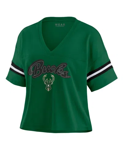 Wear By Erin Andrews Women's Hunter Green Milwaukee Bucks Color Block Boxy V-neck T-shirt