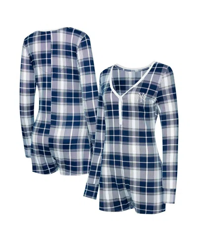 Concepts Sport Women's Navy New York Yankees Ashford Plaid V-neck Knit Romper