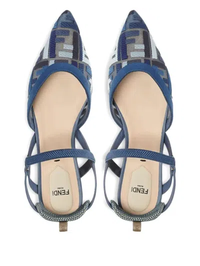 Fendi Slingback Flat Colibrì Lite In Mesh With Embroidery Ff Blue