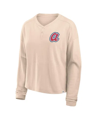 Fanatics Women's Tan Atlanta Braves Oversized Stadium Slub Long Sleeve Henley T-shirt