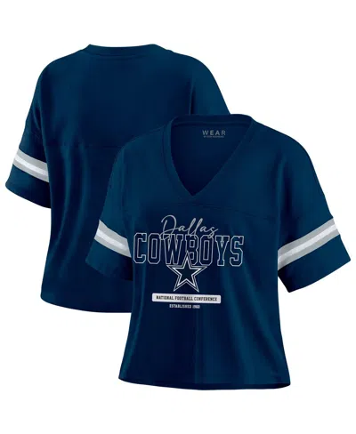 Wear By Erin Andrews Women's Navy Dallas Cowboys Color Block Boxy Modest Crop V-neck T-shirt