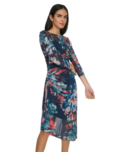 Calvin Klein Ruched Sleeve Mesh Midi Dress In Multi