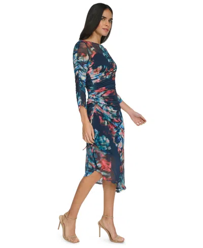 Calvin Klein Ruched Sleeve Mesh Midi Dress In Multi