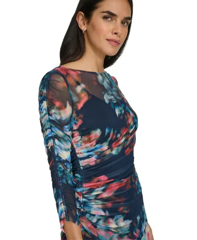 Calvin Klein Ruched Sleeve Mesh Midi Dress In Multi
