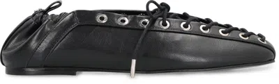 Ganni Eyelets Lace Up Ballerina Crinkle Oleatex In Black