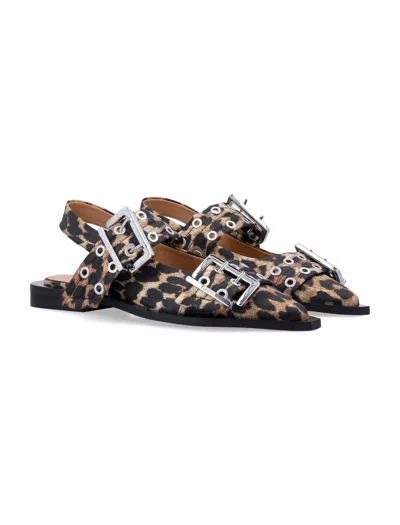 Ganni Multicolor Ballet Shoes With Double Buckle And All-over Leopard Print