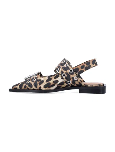 Ganni Multicolor Ballet Shoes With Double Buckle And All-over Leopard Print