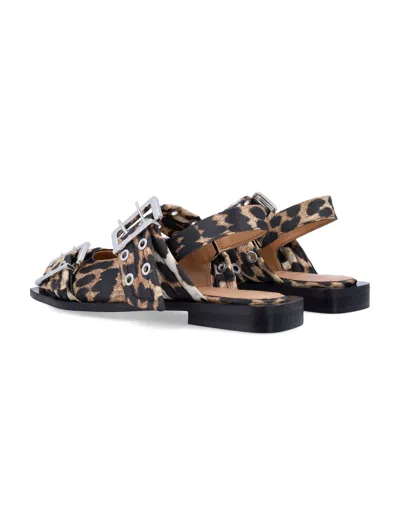 Ganni Multicolor Ballet Shoes With Double Buckle And All-over Leopard Print