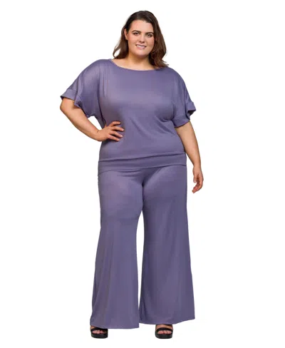 24seven Comfort Apparel Plus Size Boat Neck Top And Wide Leg Pants Set