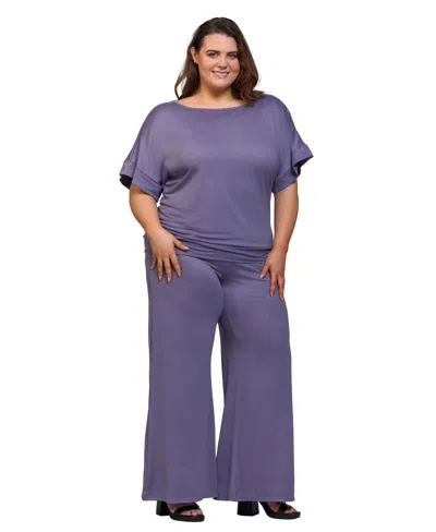 24seven Comfort Apparel Plus Size Boat Neck Top And Wide Leg Pants Set