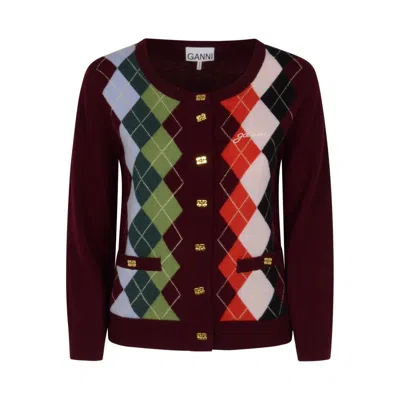 Ganni Multicolor Crewneck Cardigan With Jewel Buttons And Gemetric Motif On The Front In Multi