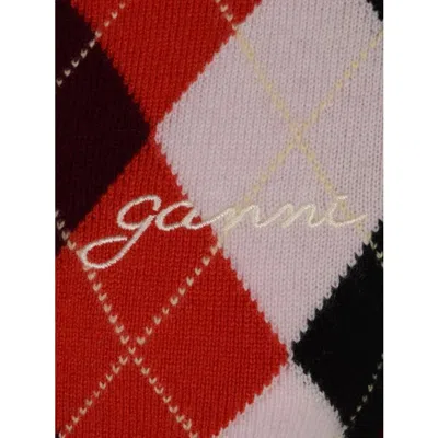 Ganni Multicolor Crewneck Cardigan With Jewel Buttons And Gemetric Motif On The Front In Multi