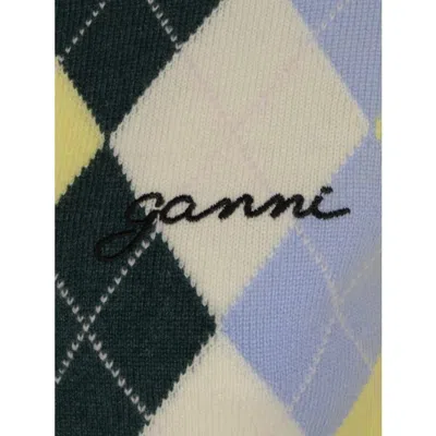 Ganni Knitwear Cardigan With Argyle Pattern And Pockets In Yellow