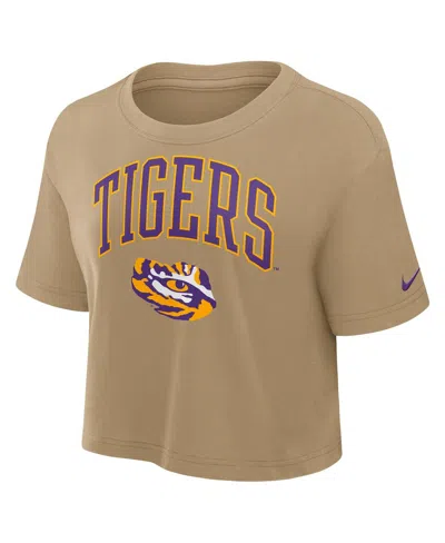 Nike Women's Tan Lsu Tigers Power Pursuit Athletic Prep Arch Performance Cropped T-shirt